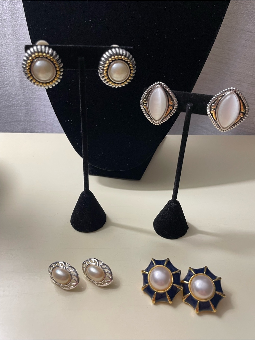 Pearl Accent Stud Earrings in Cream and Gold-Tone Set of 4